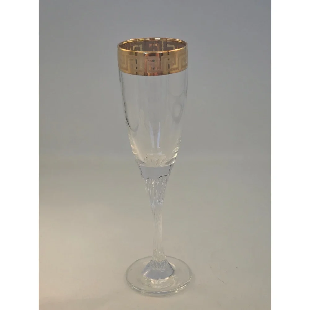 Vintage Greek Key Gold Rim Champagne Flutes Swirl‎ Stem Set of 6 8.75 Inch